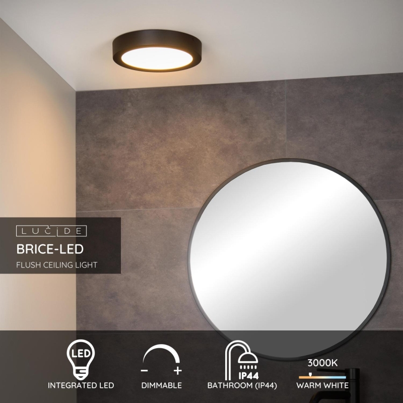 Lucide BRICE-LED - Zapustené stropné svietidlo Kúpeľňa - Ø 24 cm - LED Rozm. - 1x15W 3000K - IP44 - Čierna